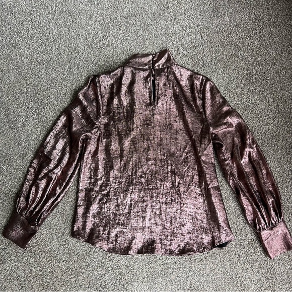 Ryegrass Metallic Rose Gold Neck Bow Mock Neck Long Sleeve Blouse, Size Medium - Picture 6 of 7